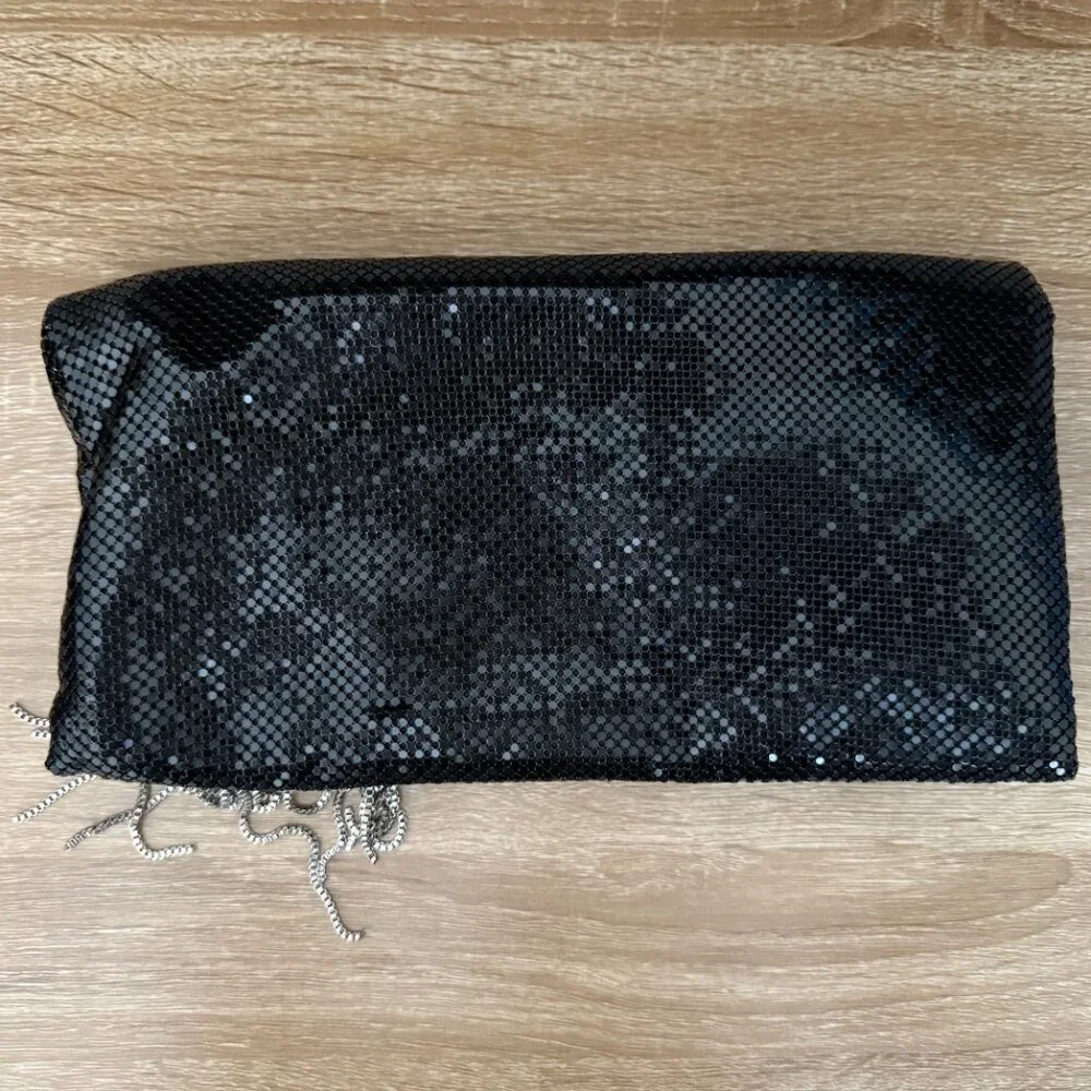 Black mesh chain beaded retro fold over evening clutch tassel party purse bag - Picture 2 of 9